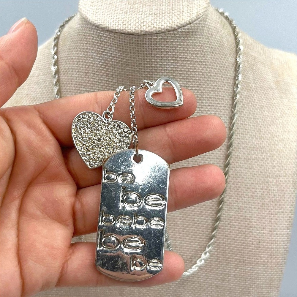Vintage Silver Tone "Be Be Be" Dog Tag Necklace Heart Charms Rhinestone Accent